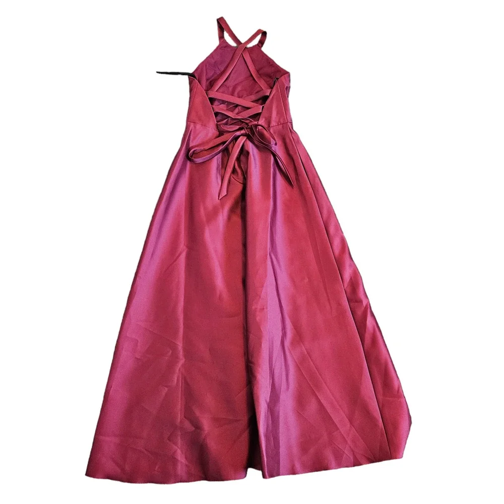 Alfred Sung Satin Twill Halter Lace Up Back A-Line Maxi Dress Burgundy Womens 16 - Picture 3 of 9